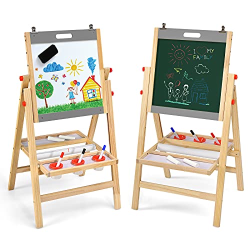 LIFEZEAL 2 in 1 Kindertafel, Höhenverstellbare Staffelei Kinder, Standtafel aus Holz, Abklappbare Maltafel, Doppelseitenbrett mit Kreidetafel & Whiteboard, mit Zubehör & Ablageregal (Grau) von LIFEZEAL