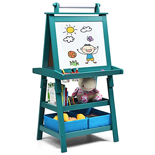 LIFEZEAL 3 in 1 Kindertafel, Staffelei Kinder mit Doppelseitiger Tafel, Standtafel mit 2 Ablageebenen, Whiteboard & Kreidtafel & Papierrolle, Maltafel mit 2 Aufbewahrungsboxen, Magnettisch (Blau) von LIFEZEAL