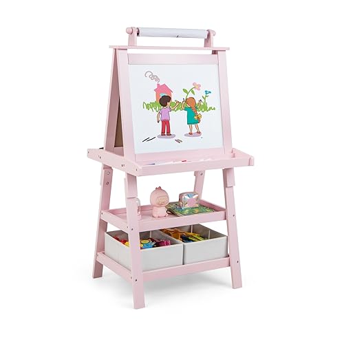 LIFEZEAL 3 in 1 Kindertafel, Staffelei Kinder mit Doppelseitiger Tafel, Standtafel mit 2 Ablageebenen, Whiteboard & Kreidtafel & Papierrolle, Maltafel mit 2 Aufbewahrungsboxen, Magnettisch (Rosa) von LIFEZEAL