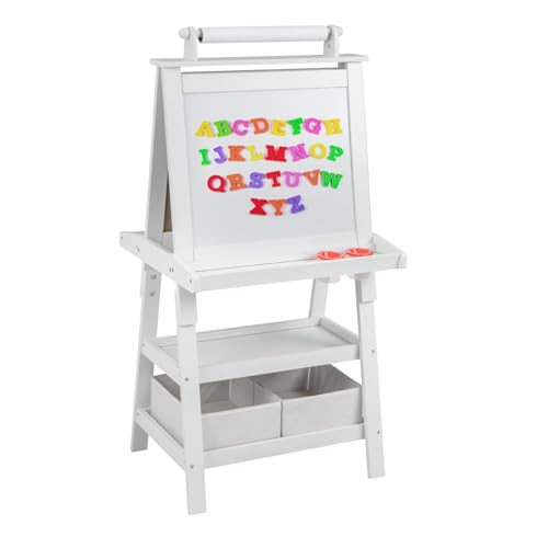 LIFEZEAL 3 in 1 Kindertafel, Staffelei Kinder mit Doppelseitiger Tafel, Standtafel mit 2 Ablageebenen, Whiteboard & Kreidtafel & Papierrolle, Maltafel mit 2 Aufbewahrungsboxen, Magnettisch (Weiß) von LIFEZEAL