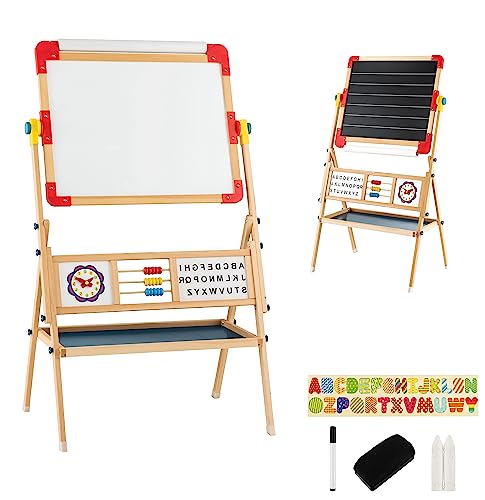 LIFEZEAL Staffelei Kinder Set 360°drehbar, Doppelseitige Tafel Kinder aus Holz, Magnettafel Spieltafel mit Papierrolle Abakus Alphabet, Schultafel Kinder ab 3 jahren von LIFEZEAL