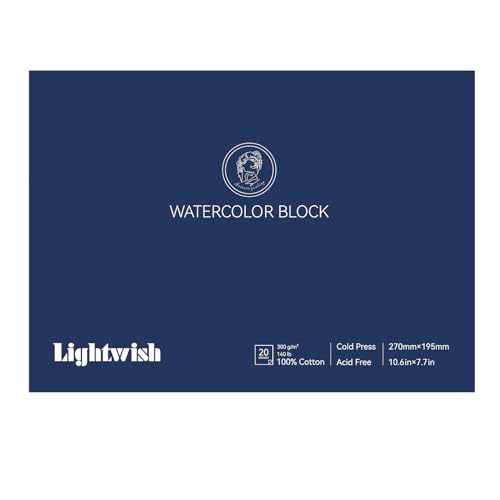 Lightwish Aquarellpapierblock, Cold Press 10.6x 7.7 In, 20 Blätter, vierseitig gerillt, 100% Baumwolle, 140lb/300GSM, säurefreies Kunstzubehör für Nass-, Trocken- & Mixed Media Aquarell Skizzenbuch von LIGHTWISH