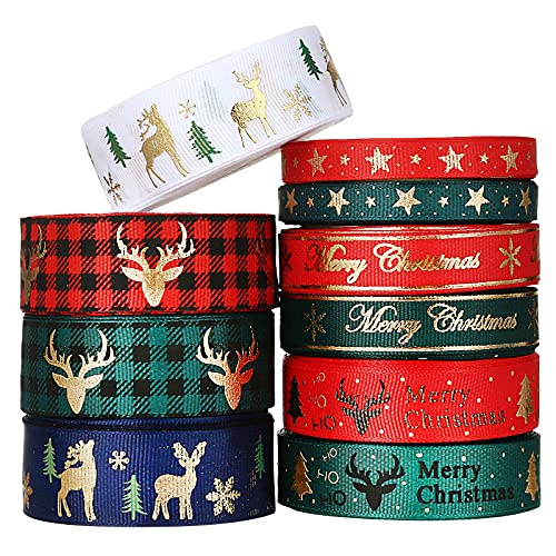 LIHAO 10 x Geschenkband Weihnachten Deko Schleifenband Bedruckte Weihnachtsmotiv Stoffband zum Dekorieren Basteln Satinband Geschenk Bänder (1 Roll / 5 Yards) von LIHAO