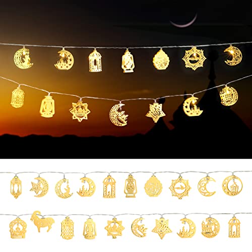 LIHAO 2 PCS Eid al Adha Ramadan Lichterketten Stern Mond Eid Mubarak 20 LEDs Licht Laternen Dekoration für Ramadan Party Hochzeit Geburtstag (Warmweiß) von LIHAO