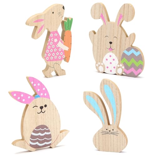 LIHAO 4× Ostern Deko Hasen Set Osterhase Holz Osterdeko Tisch Aufsteller Osterdekoration Figuren für Ostern und Frühling von LIHAO