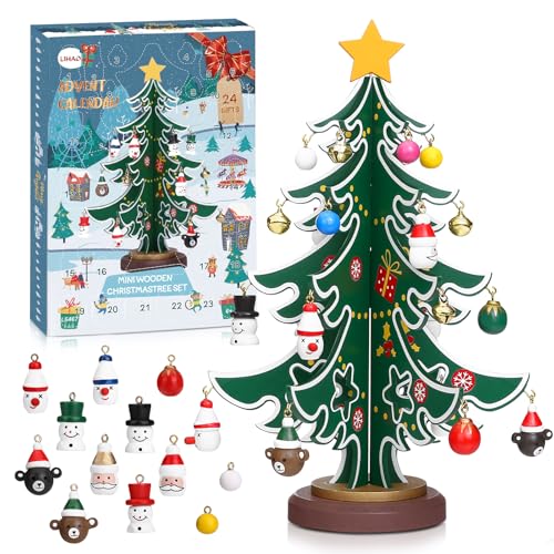 LIHAO Adventskalender 2024 Weihnachtsbaum Mini Holz Christmas Tree mit 24 Anhänger Kreativer Adventskalender Baum Deko für DIY Weihnachtsbaum Kinder von LIHAO