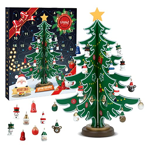 LIHAO Adventskalender Mini Holz Christmas Tree Weihnachtsbaum mit 24 Anhänger Weihnachtsbaum aus Holz DIY Weihnachtsbaum mit 24 Ornamnet von LIHAO