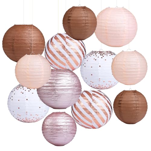 LIHAO Laterne Lampenshcrime Lampions Papierlaternen Set Papier Laternen Roségoldene Partydekorationen hängende Dekorationen für Brautpartys Baby-Dusche Hochzeitsdekorationen Geburtstagsfeier (12pcs) von LIHAO