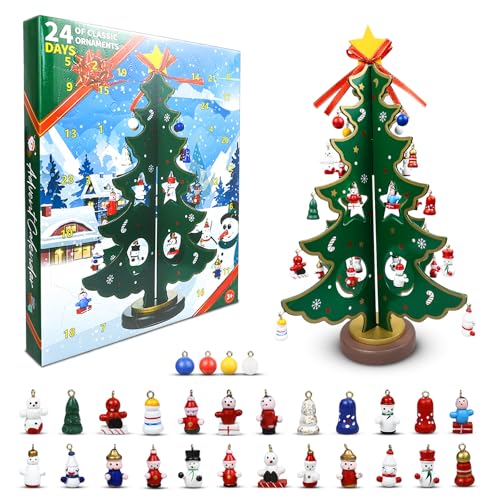 LIHIQIYA Adventskalender Kinder 2024, Holz Weihnachtsbaum und 28 Ornamenten, 24 Tage Weihnachten Countdown Adventskalender, Mini Weihnachtsbaum, Weihnachtsdeko Anhänger zum Basteln Weihnachtsgeschenke von LIHIQIYA