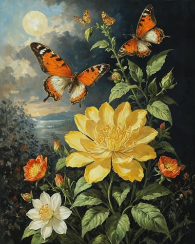 LIJIFENG Malen nach Zahlen - Schmetterling Blumen - für Wohnzimmer oder Schlafzimmer Erwachsene digitale Malerei mit drei Pinseln und Leinen-Leinwand und Acrylfarben (ungerahmt) 40 x 50 cm von LIJIFENG