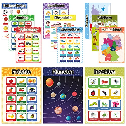 LIKARTO® 12 pädagogische Montessori Lernposter A4 - Extra dickes Papier und beidseitig laminiert - Grundlagen 2, Lernposter Grundschule, Kinder Lernhilfe von LIKARTO