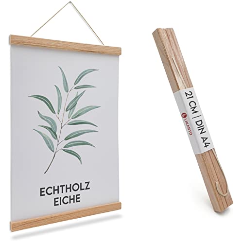 LIKARTO Premium-Posterleiste Holz Eiche A4 | 21 cm - Hochwertige magnetische Bilderleiste aus Echtholz inklusive Lederband - Einfaches Bilder aufhängen von LIKARTO