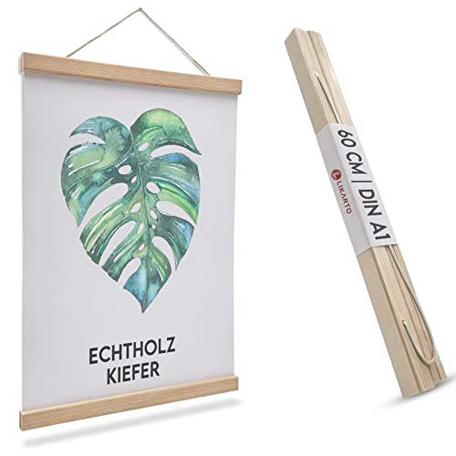 LIKARTO Premium-Posterleiste Holz Kiefer A1 | 60 cm - Hochwertige magnetische Bilderleiste aus Echtholz inklusive Lederband - Einfaches Bilder aufhängen von LIKARTO