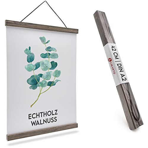 LIKARTO Premium-Posterleiste Holz Walnuss A2 | 42 cm - Hochwertige magnetische Bilderleiste aus Echtholz inklusive Lederband - Einfaches Bilder aufhängen von LIKARTO