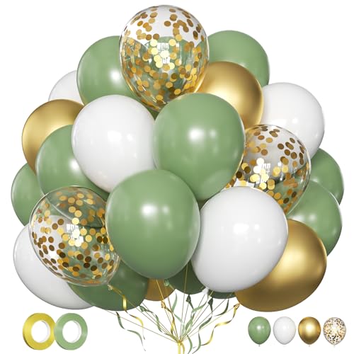 Luftballons Grün Gold Weiß 50 Stk 12 zoll Luftballons Geburtstag Eukalyptus Salbeigrün Weisse Gold Metallic Ballons Konfetti Ballons für Hochzeit Baby Shower Kommunion Jugendweihe Deko von LIKDAY