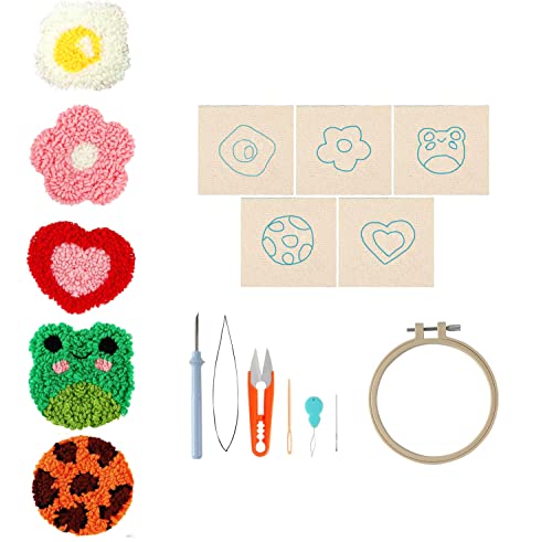 LIKEUDO 5 Kit Tasse Coaster Cup Mat Stickerei Starter Kit Erwachsene Stanznadel Anfänger Tassenmatte Muster Punch Needle Set Anfänger Starter Stanznadelstoff Muster Set DIY Stanznadel Stickrahmen Kit von LIKEUDO