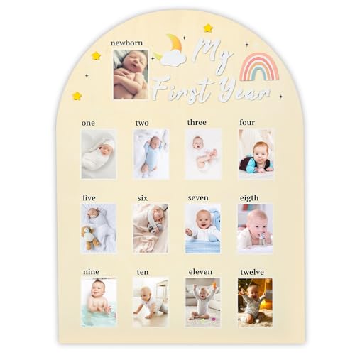 Fototafel "My First Year" – Holz-Fototafel zum Präsentieren des ersten Jahres Meilenstein-Bilderrahmen, ein Jahr Baby-Fototafel, 12 Monate, neutrales Baby-Andenkenbrett, Geschenk zum ersten von LIKEYO