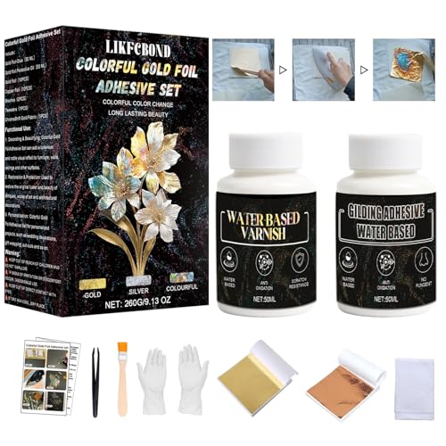 LIKFCBOND Blattgold Kleber, Colorful Gold Foil Adhesive, 50ml Wasserbasierte Goldfolie Kleber und Schutzlack, Blattgold 10 Stück, 2 Pinsel für Metall, Handwerk, Malerei und Kunst, Effekttuch LIKFCBOND Blattgold Kleber, Colorful Gold Foil Adhesive, 50ml Wasserbasierte Goldfolie Kleber und Schutzlack, Blattgold 10 Stück, 2 Pinsel für Metall, Handwerk, Malerei und Kunst, Effekttuch von LIKFCBOND