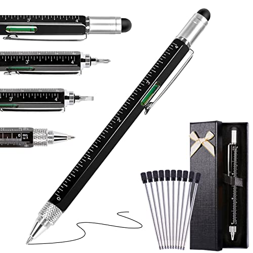 LILABIENE® Geschenk Multifunktions Kugelschreiber Mit Touchpen Wasserwaage Lineal Schraubendreher 7in1 Multifunktionsstift ø 1.0mm Schwarz mit 10 Nachfüllminen von LILABIENE