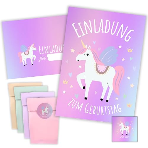 LILEJO - 10 x Einladungskarten Kindergeburtstag Mädchen - Einhorn - Karten, Umschläge, inklusive Geschenktüten und Sticker für den Geburtstag (Einhorn) von LILEJO