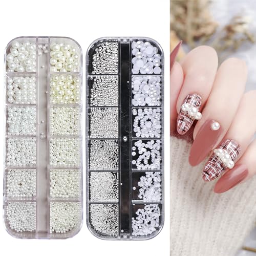 2 Box Nagel Steine, Weiße Perlennägel Halbrunde Perlen Nail Art Charm, Glitzersteine Nägel, Nagel Steinchen, Kleine Edelstahlperlen Steinchen Für Nägel, Nail Art Strasssteine, DIY Nail Art Crafts von LILELIG