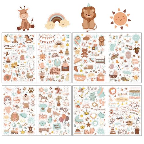 4 Blatt Sticker Babyalbum,204 Stücke Baby Sticker,Sticker Fotoalbum Kinder,DIY Baby Scrapbook Stickers,Geeignet für Babyparty-Dekoration Geschenke Fotoalben Notizbücher (Braun) von LILELIG