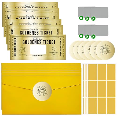 LILELIG 6 PCS/Set Goldenes Ticket Rubbellose Wunschgutschein mit Rubbelaufkleber zum Ausfüllen + 4 Blatt Goldene Rubbellose, Rubbel Gutschein Rubbel, Geschenk Idee für Frauen, Freundin, Mama, Kind von LILELIG