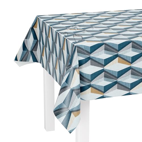 LILENO HOME Tischdecke abwaschbar als Meterware 100x140cm (Schnittkante) in Geometric Blue Motiv - Wachstuchtischdecke wasserabweisend ideal als Tischtuch o. Tischläufer für Bierzeltgarnitur von LILENO HOME