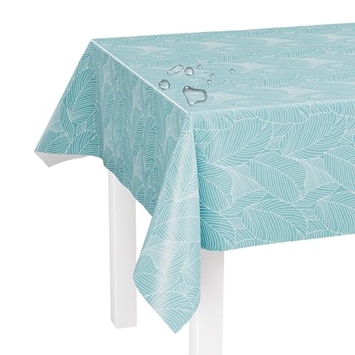 LILENO HOME Tischdecke abwaschbar als Meterware 100x140cm (Schnittkante) in Grafikblätter türkis Motiv - Wachstuchtischdecke wasserabweisend ideal als Tischtuch o. Tischläufer für Bierzeltgarnitur von LILENO HOME