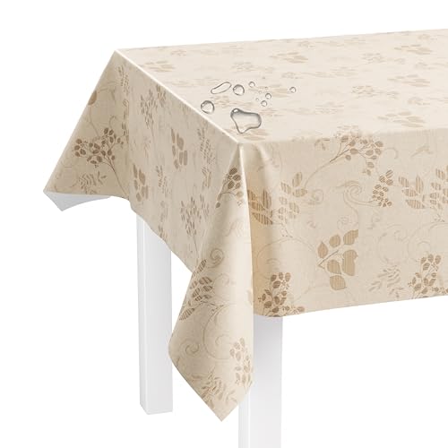 LILENO HOME Tischdecke abwaschbar als Meterware 100x140cm (Schnittkante) in Leinen mit Ranke Beige - Wachstuchtischdecke wasserabweisend ideal als Tischtuch o. Tischläufer für Bierzeltgarnitur von LILENO HOME