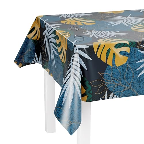 LILENO HOME Tischdecke abwaschbar als Meterware 100x140cm (Schnittkante) in Monstera blau Motiv - Wachstuchtischdecke wasserabweisend ideal als Tischtuch o. Tischläufer für Bierzeltgarnitur von LILENO HOME