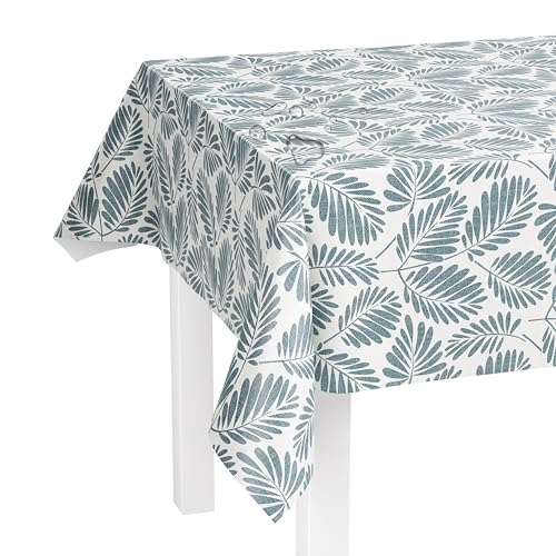 LILENO HOME Tischdecke abwaschbar als Meterware 200x140cm (Schnittkante) in Stickblätter blau Motiv - Wachstuchtischdecke wasserabweisend ideal als Tischtuch o. Tischläufer für Bierzeltgarnitur von LILENO HOME