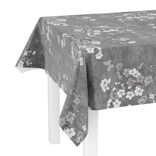 LILENO HOME Tischdecke abwaschbar als Meterware 220x140cm (Schnittkante) in Kirschblüte grau Elegance Motiv - Wachstuchtischdecke wasserabweisend ideal als Tischtuch von LILENO HOME