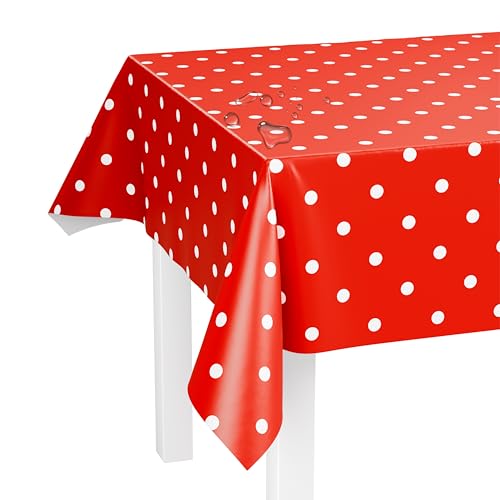 LILENO HOME Tischdecke abwaschbar als Meterware 220x140cm (Schnittkante) in Punkte Rot - Wachstuchtischdecke wasserabweisend ideal als Tischtuch o. Tischläufer für Bierzeltgarnitur von LILENO HOME