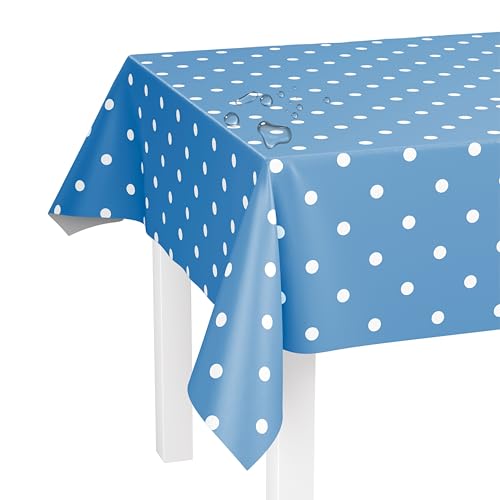 LILENO HOME Tischdecke abwaschbar als Meterware 240x140cm (Schnittkante) in Punkte Eisblau - Wachstuchtischdecke wasserabweisend ideal als Tischtuch o. Tischläufer für Bierzeltgarnitur von LILENO HOME