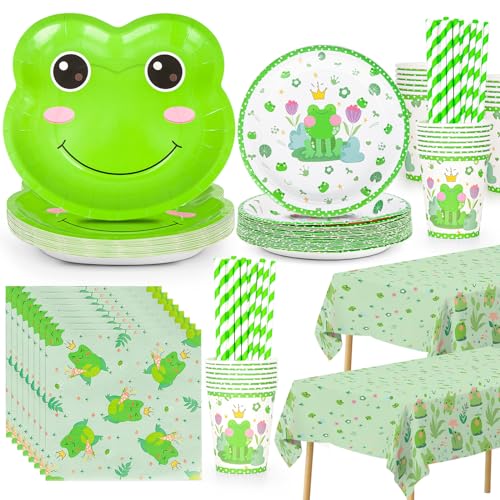 Frosch Geburtstag Party Dekorationen Pappteller Einweg-Partyzubehör Teller Becher Servietten Sets Frosch Geburtstag Party Supplies für Jungen Mädchen Partyzubehör Babyparty Geschirr 20 Stück von LILLBJORNEN