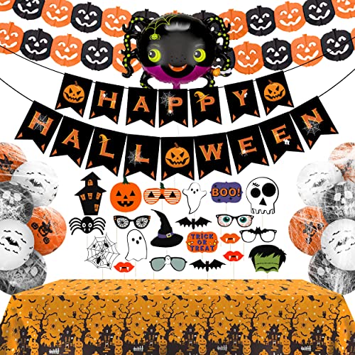 LINAYE Halloween Deko Set für Kinder - Happy Halloween Girlande, Kürbis Banner, Foto Requisiten, Tischdecke, große Folienballon, Halloween Latexballons, Spinnennetz Halloween Deko Kinderparty von LINAYE