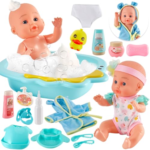 LINFUN KIDS Baby Puppen Spielset Puppenfütterset mit Kleidung Puppenbadewanne und Badespielzeug Accessoires, Neugeborene Babypuppe Zubehör Puppenspielzeug Rollenspiel Geschenk für Kinder 3 4 5 Jahre von LINFUN KIDS