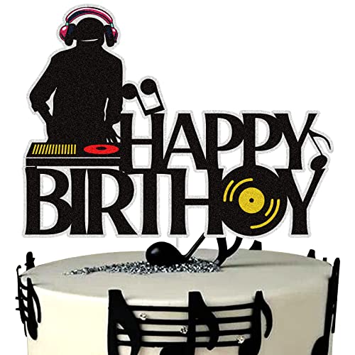 DJ Happy Birthday Cake Topper Schwarz Glitzer Disco Hip Hop Kuchen Dekoration Rock DJ Thema Geburtstag Party Supplies Musik DJ Lover von LINGBOOM