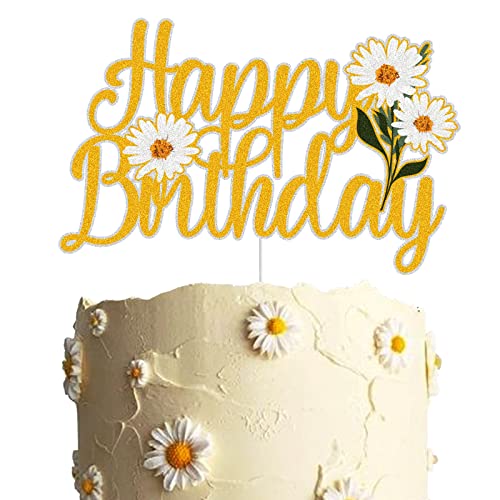 Daisy Flower Happy Birthday Cake Topper Gold Glitter Boho Hippie Gänseblümchen Kuchen Dekoration Sommer Blumen Thema Geburtstag Party Supplies für Mädchen von LINGBOOM