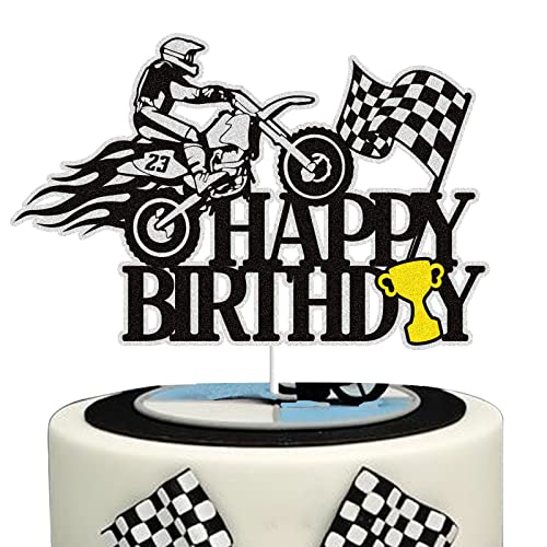 Dirt Bike Happy Birthday Tortenaufsatz Schwarz Silber Motocross Motorrad Rennauto Kuchen Dekoration Extreme Sport Motto Party Zubehör für Jungen Männer von LINGBOOM