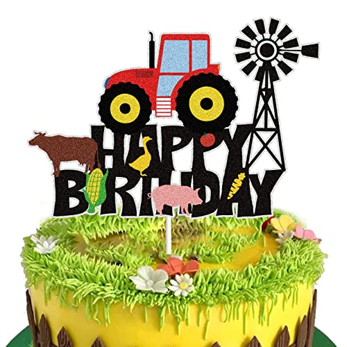 Farm Happy Birthday Tortenaufsatz Schwarz Glitzer Traktor Bauer Kuchen Dekor Ranch Kuh Schwein Ente Bauer Tier Party Supplies von LINGBOOM