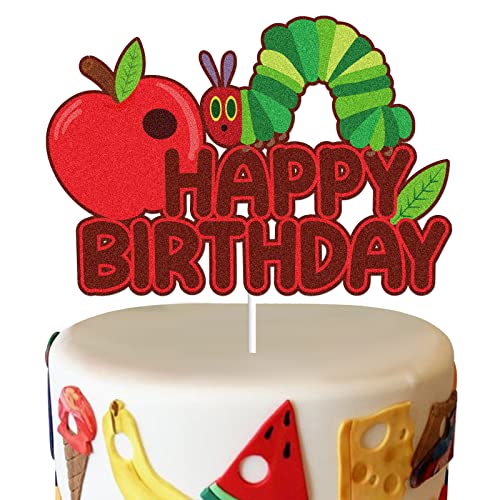 Hunger Caterpillar Happy Birthday Cake Topper Märchen Sehr hungrige Raupe Schmetterling Geburtstag Kuchen Dekoration Rot Glitzer Saftige Fruit Thema Geburtstag Party Supplies von LINGBOOM