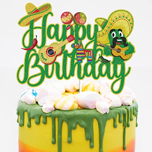 Mexikanischer Kaktus Happy Birthday Tortenaufsatz Grün Glitzer Taco Lama Maracas Cinco De Mayo Thema Party Dekoration Fiesta Chili Sombrero Gitarre Party Supplies von LINGBOOM