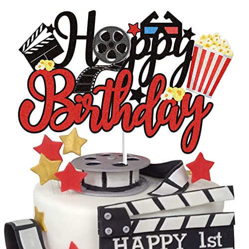 Movie Night Happy Birthday Cake Topper Glitzer Film Theater Geburtstag Kuchen Dekoration Rolle Hollywood Kino Thema Geburtstag Party Baby Shower Supplies von LINGBOOM