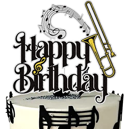 Posaune Happy Birthday Cake Topper Schwarz Gold Glitzer Musik Noten Kuchen Dekoration Band Musik Liebhaber Thema Geburtstag Party Supplies für Musiker von LINGBOOM