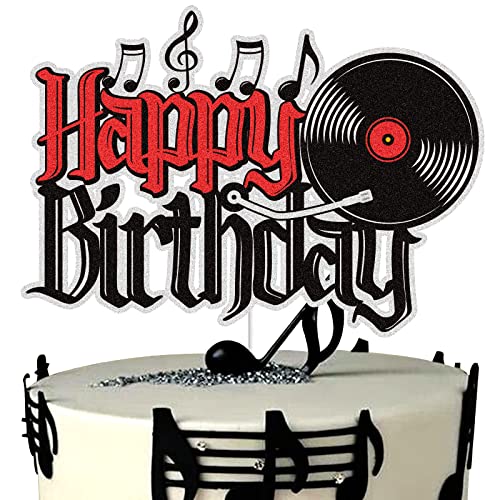 Record Happy Birthday Cake Topper Schwarz Rot Glitzer Vinyl Schallplatte Retro Rock and Roll Musik Kuchen Dekor CD Record Hip Hop Tanzball Musik Thema Geburtstag Party Supplies von LINGBOOM