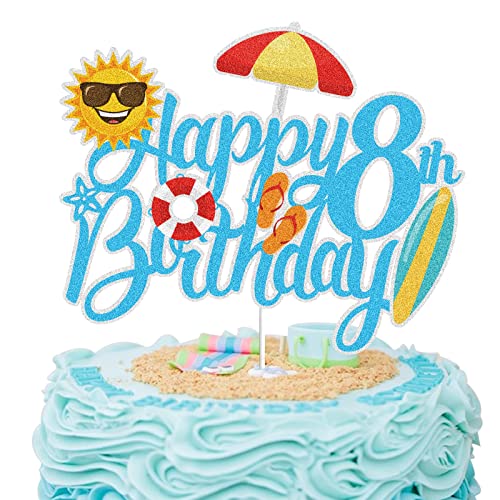 Sommer Strand Happy 8th Birthday Cake Topper Blue Glitter Summer Pool Swimming Surfen 8 Eight Years Old Party Decoration Summer Holiday Birthday Party Favor Supplies (8) von LINGBOOM