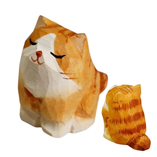 LINGJIONG Orange Katze Holzfigur Kätzchen, Handgefertigte Mini-Orange-Kätzchen-Ornamente, Schöne Kleine Geschnitzte Orangefarbene Katzenfigur, DIY-Holzkätzchen-Kunstschnitzarbeiten von LINGJIONG