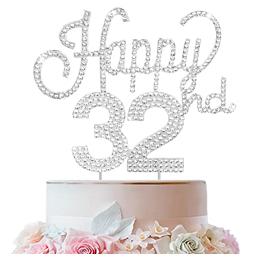 LINGTEER Tortenaufsatz mit Aufschrift "Happy 32nd Birthday", silberfarbener Strass-Stein – Cheers to 32. Birthday 32 Years Old Anniversary Party Cake Centerpieces Topper Dekorationen Geschenk Schild von LINGTEER